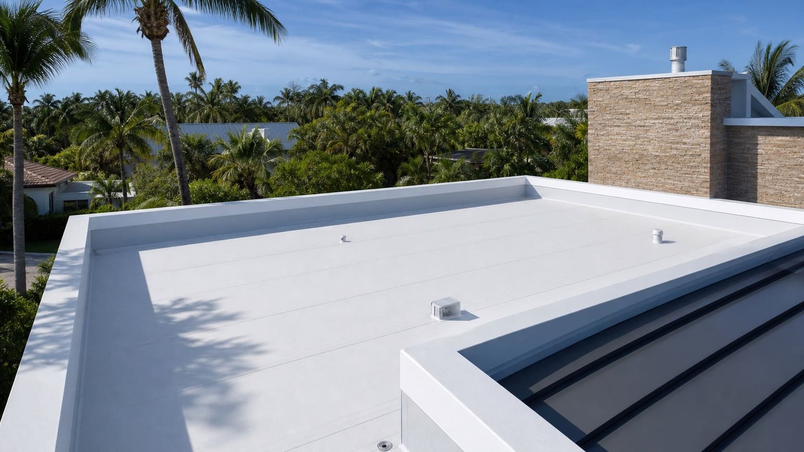 The same flat roof under a new white membrane with clean seams and finished edge terminations