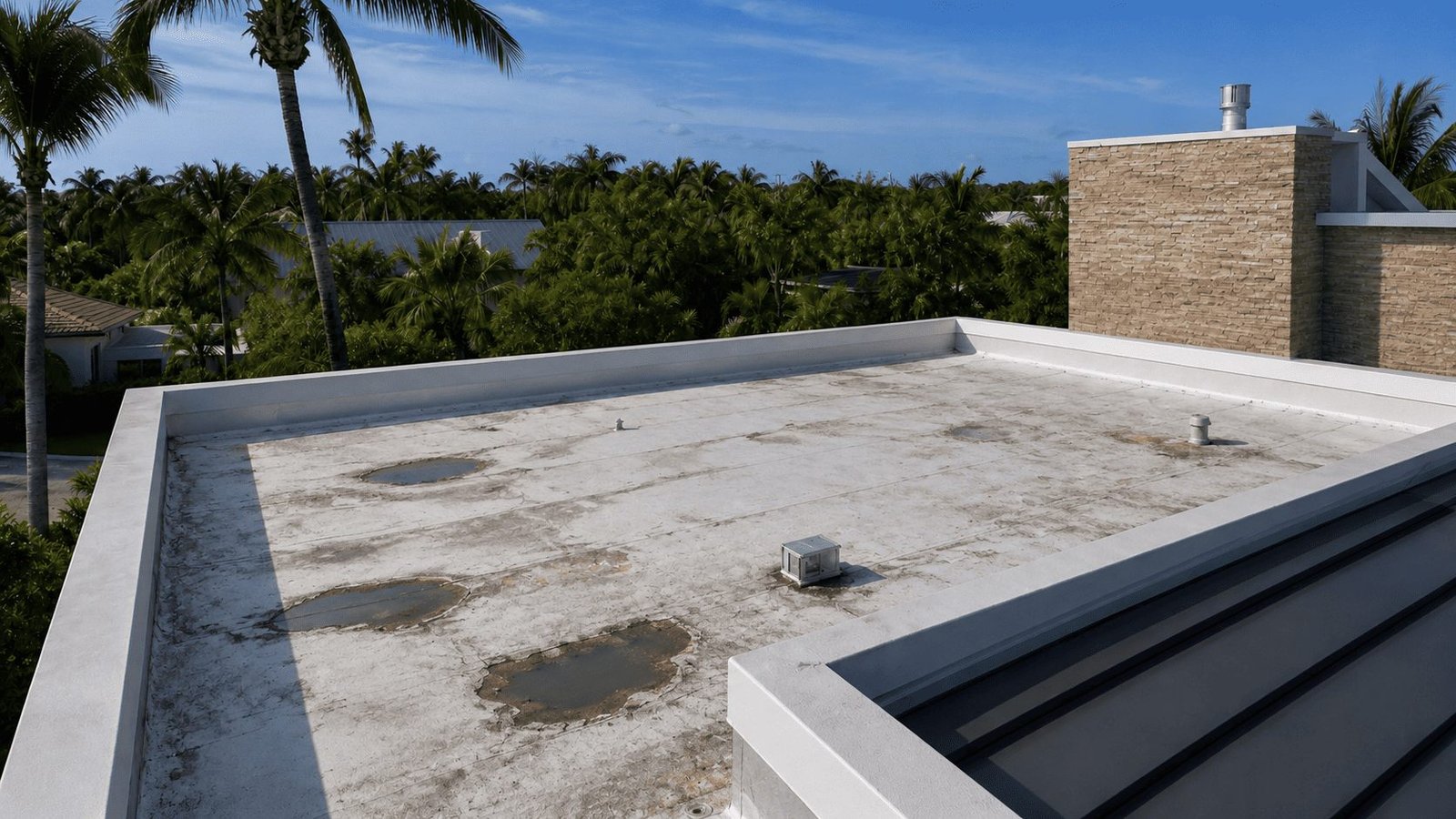 A worn flat roof with ponding stains, patched areas and a chalked, cracked surface