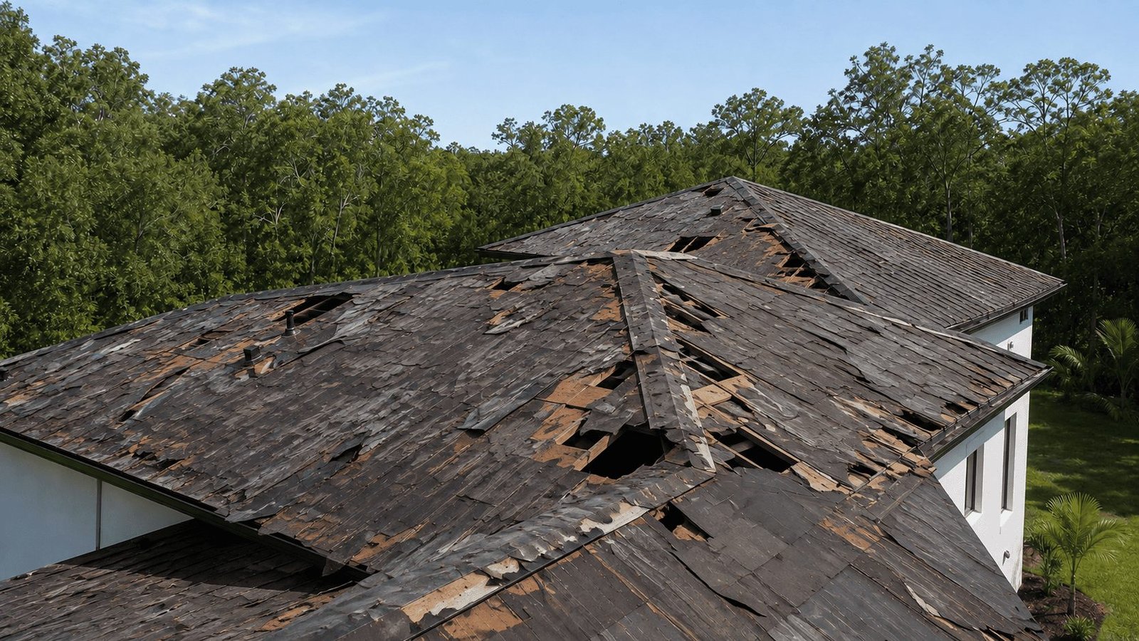 A deteriorated shingle roof with torn and missing shingles and exposed decking