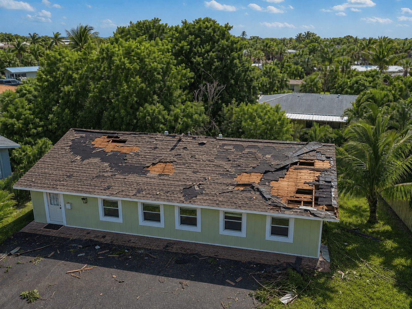 A home the morning after a storm, with shingles torn away and decking exposed across the roof