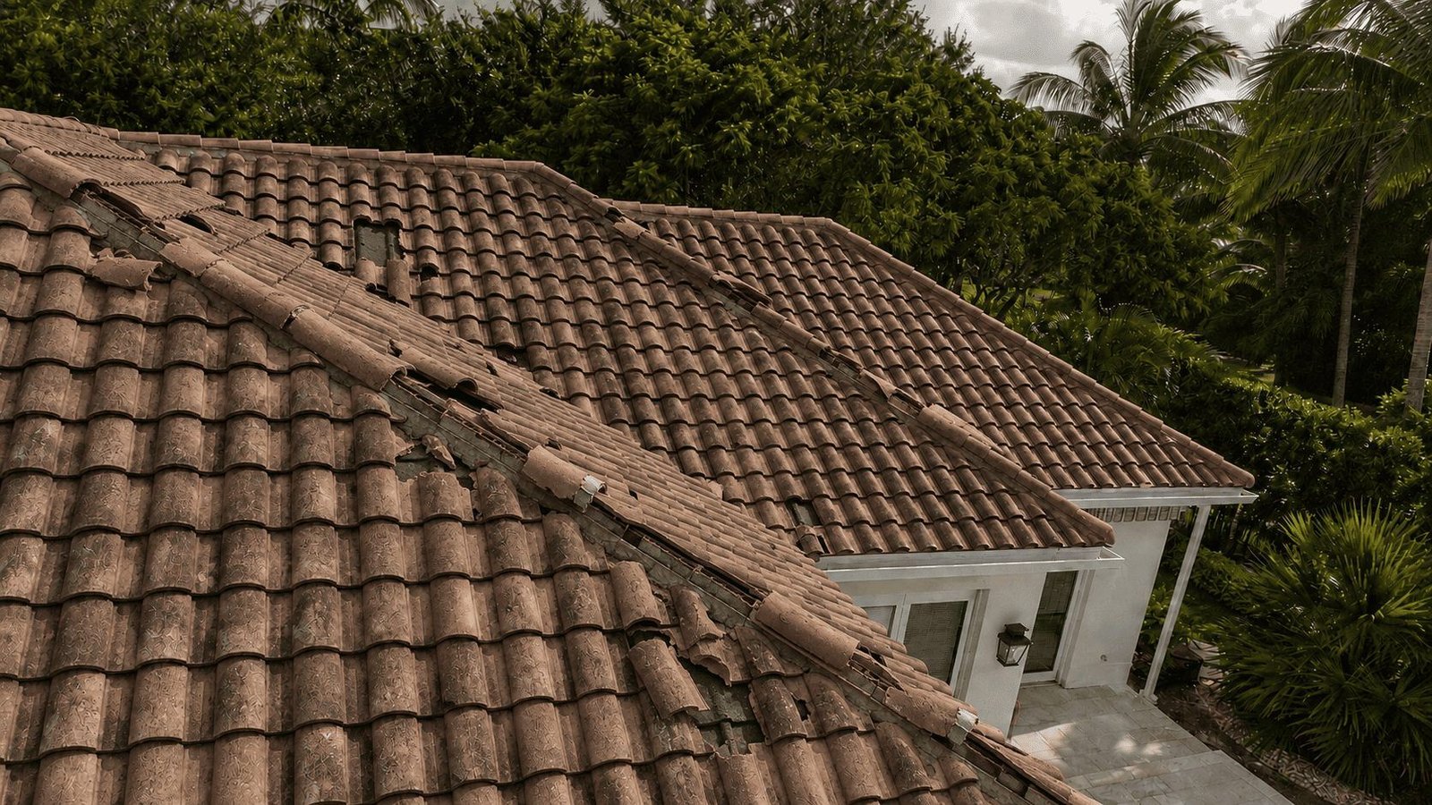 A barrel tile roof with slipped, broken and missing tiles exposing the ridge and underlayment