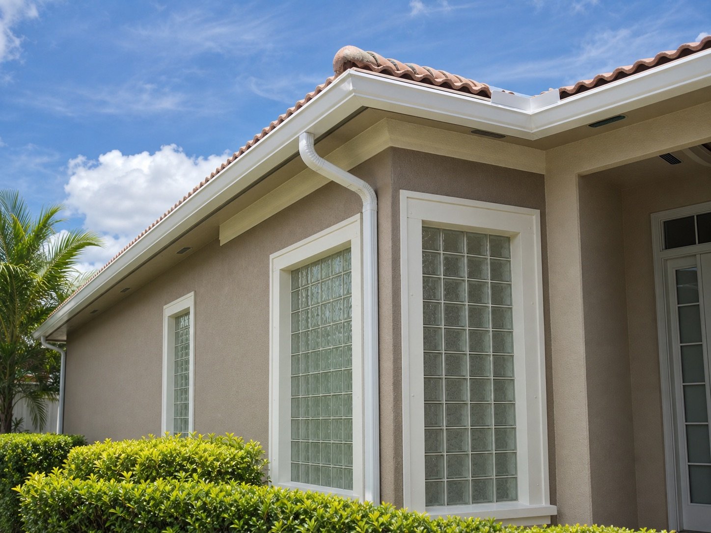 White seamless gutter meeting a downspout at a wall corner