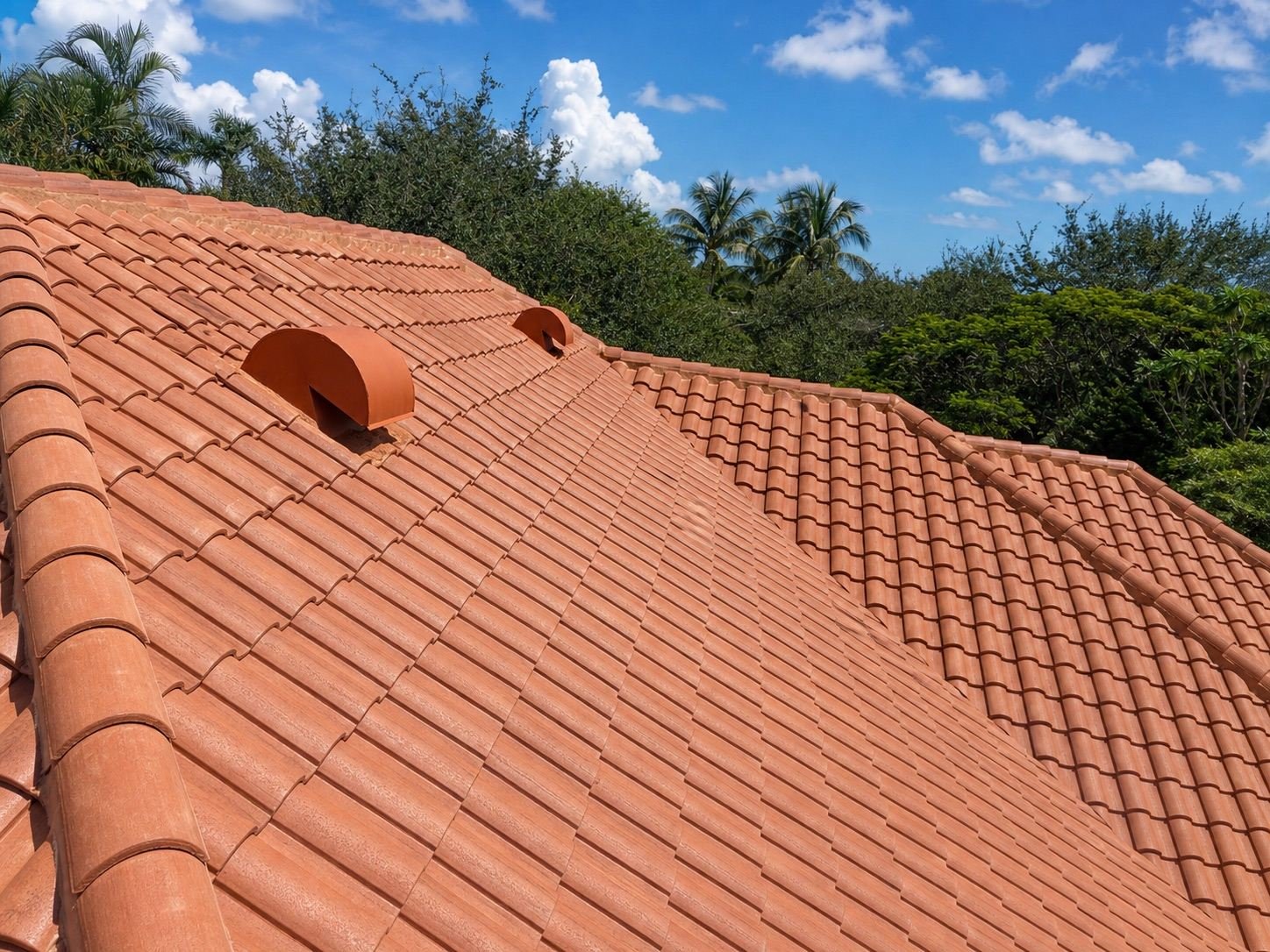 Close view of tile roofing cut and fitted around a roof vent