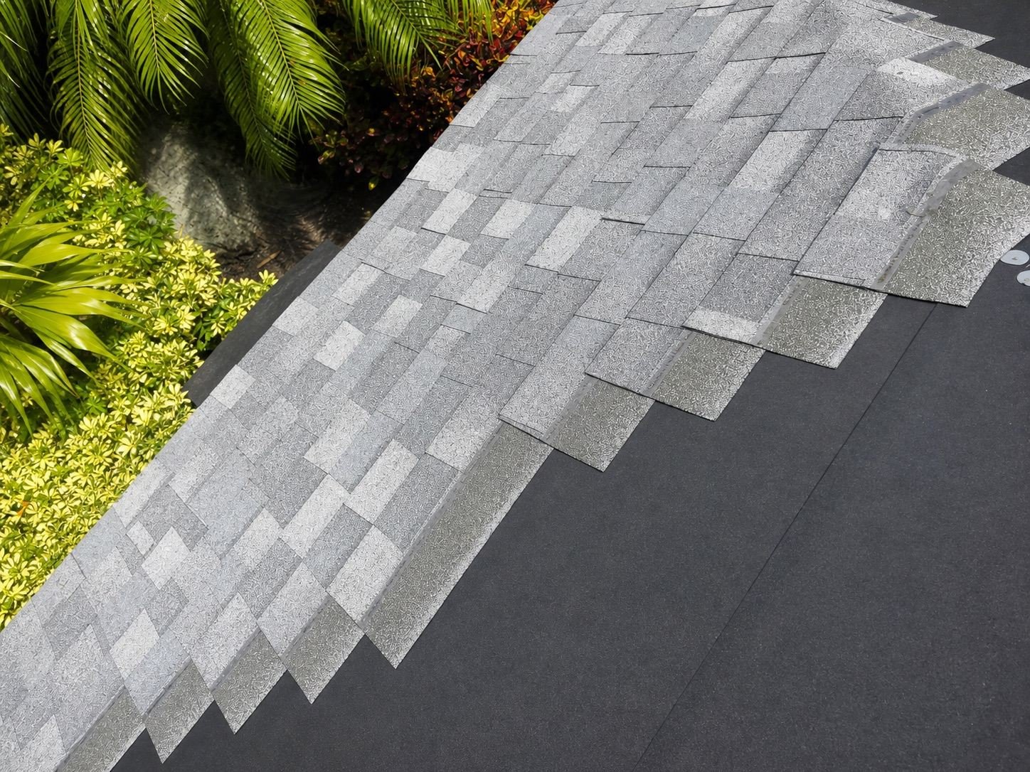 Architectural shingles being installed over roof underlayment